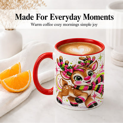 #pl[11oz|Red] Festive Reindeer Ceramic Mug, Neon Christmas Character Artwork