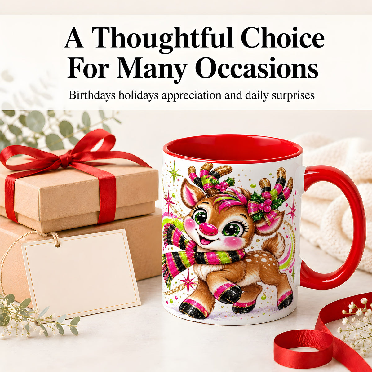 #pl[11oz|Red] Festive Reindeer Ceramic Mug, Neon Christmas Character Artwork