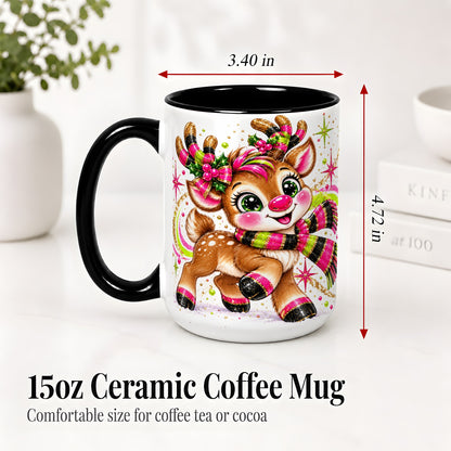 #pl[15oz|Black] Festive Reindeer Ceramic Mug, Neon Christmas Character Artwork