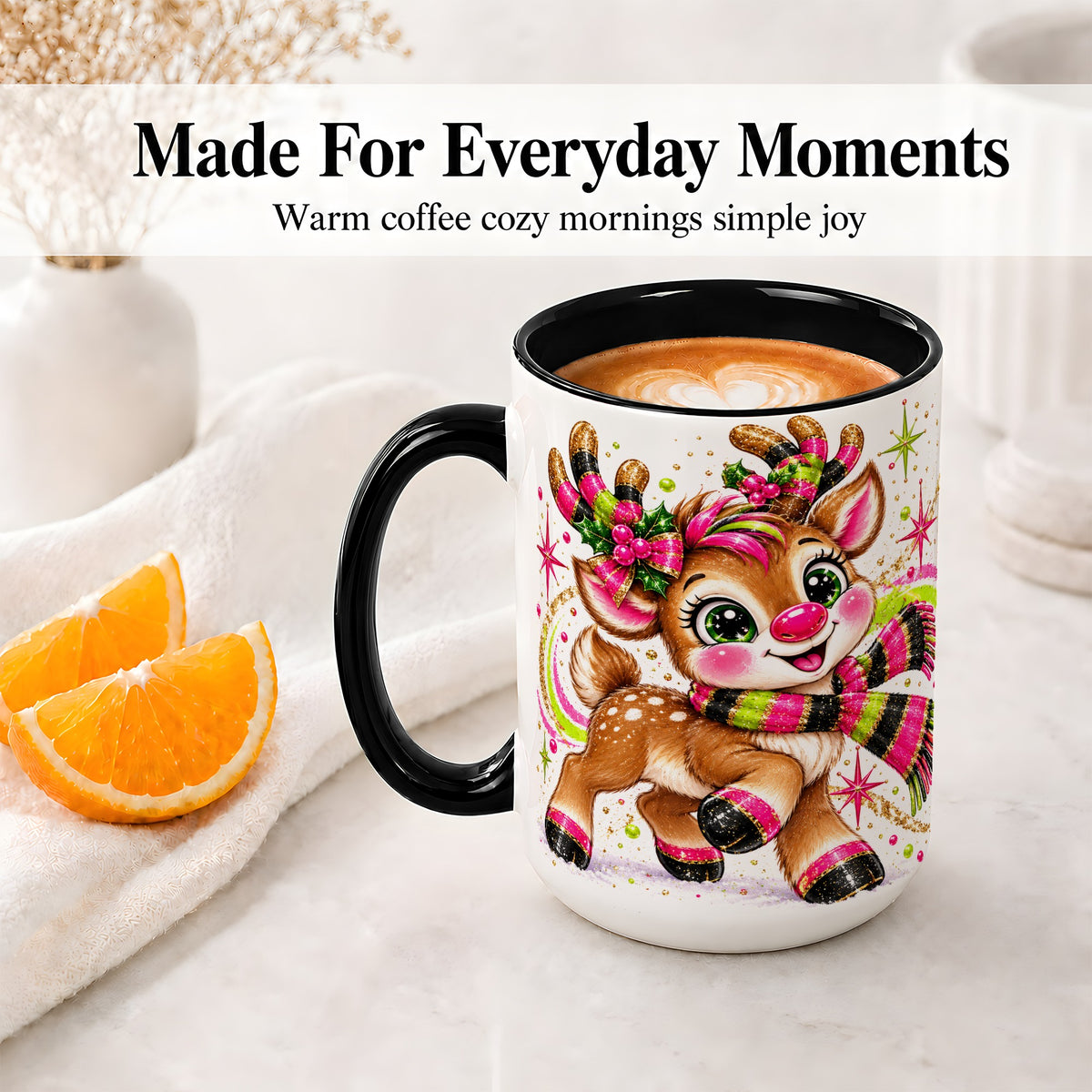 #pl[15oz|Black] Festive Reindeer Ceramic Mug, Neon Christmas Character Artwork