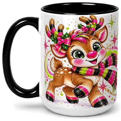 #pl[15oz|Black] Festive Reindeer Ceramic Mug, Neon Christmas Character Artwork