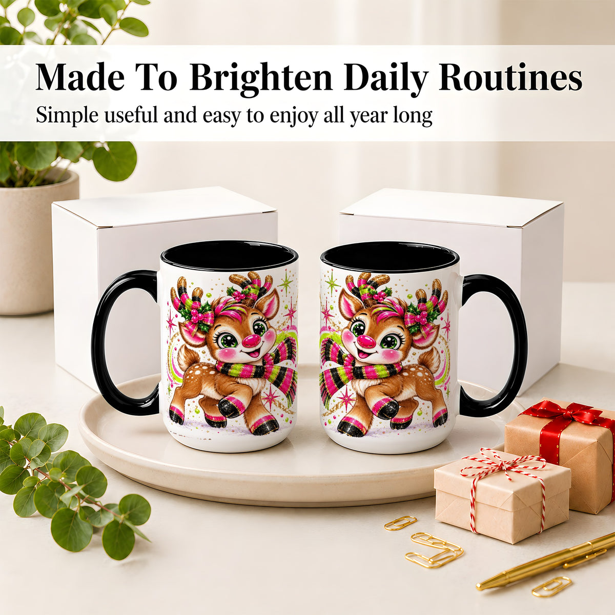 #pl[15oz|Black] Festive Reindeer Ceramic Mug, Neon Christmas Character Artwork