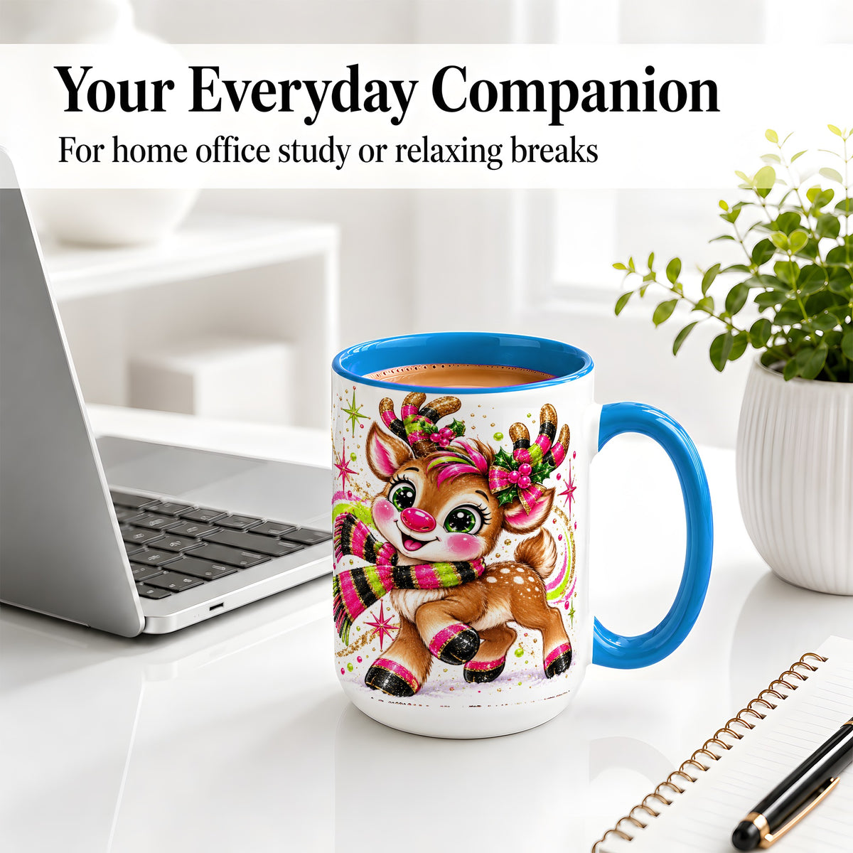 #pl[15oz|Blue] Festive Reindeer Ceramic Mug, Neon Christmas Character Artwork