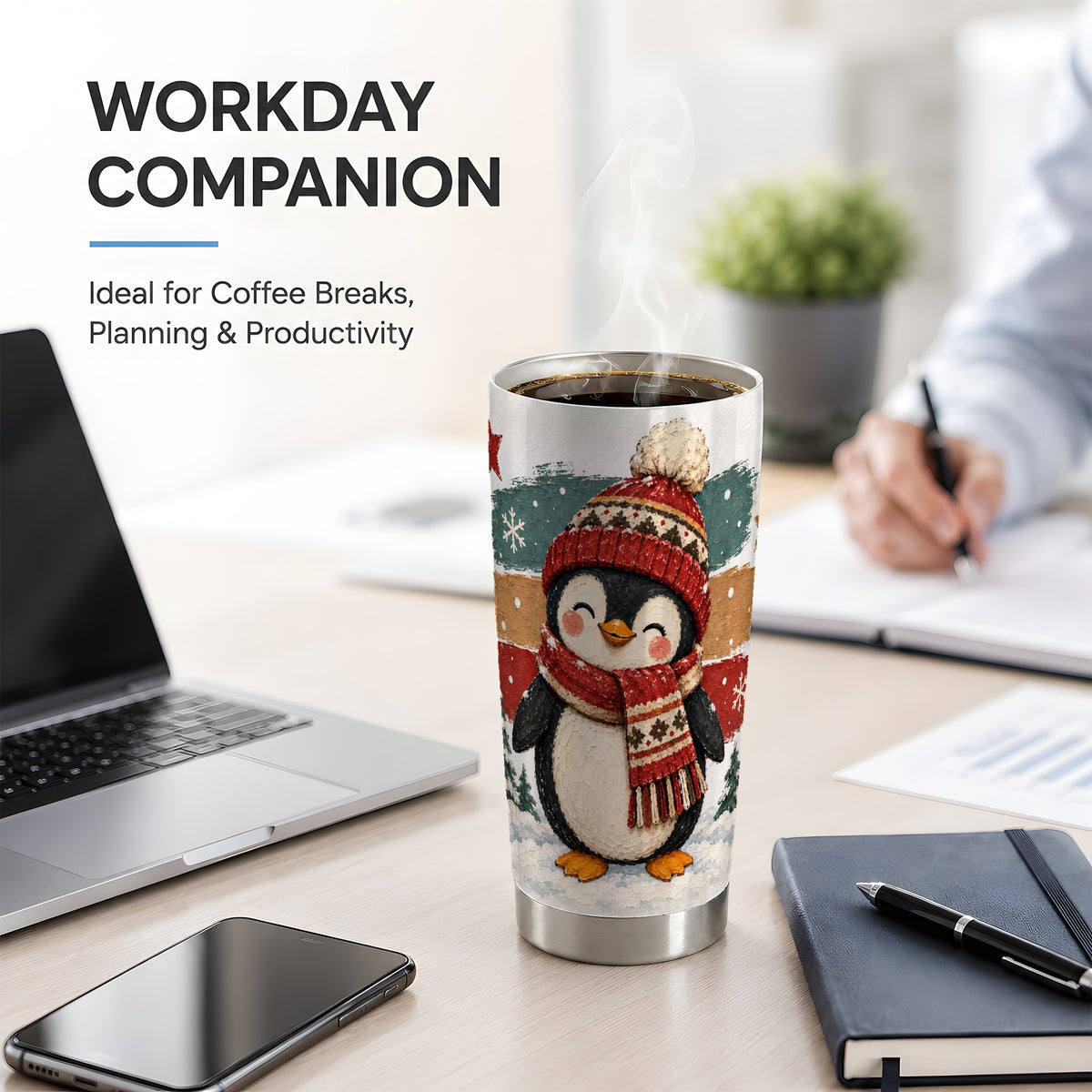 #pl[20oz|Steel] Winter Penguin Christmas 20oz Tumbler, Cozy Scarf Holiday Artwork
