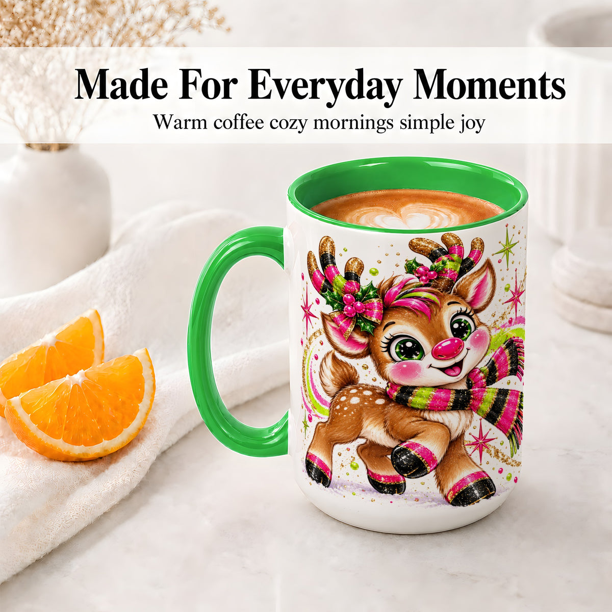#pl[15oz|Green] Festive Reindeer Ceramic Mug, Neon Christmas Character Artwork
