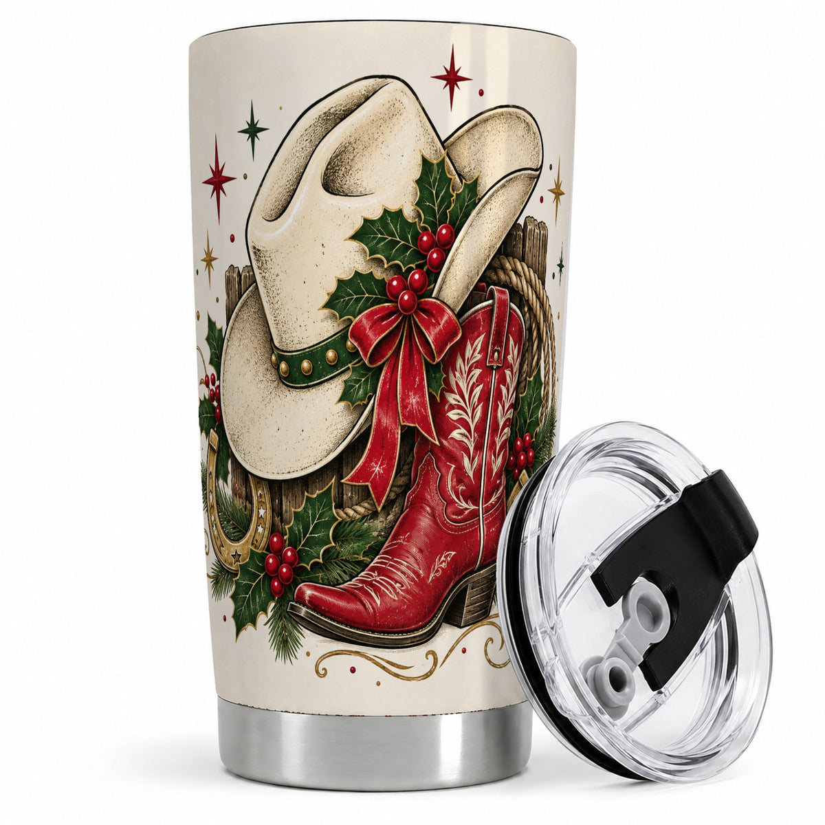 Western Christmas 20oz Tumbler, Cowboy Boot Holly Horseshoe Artwork