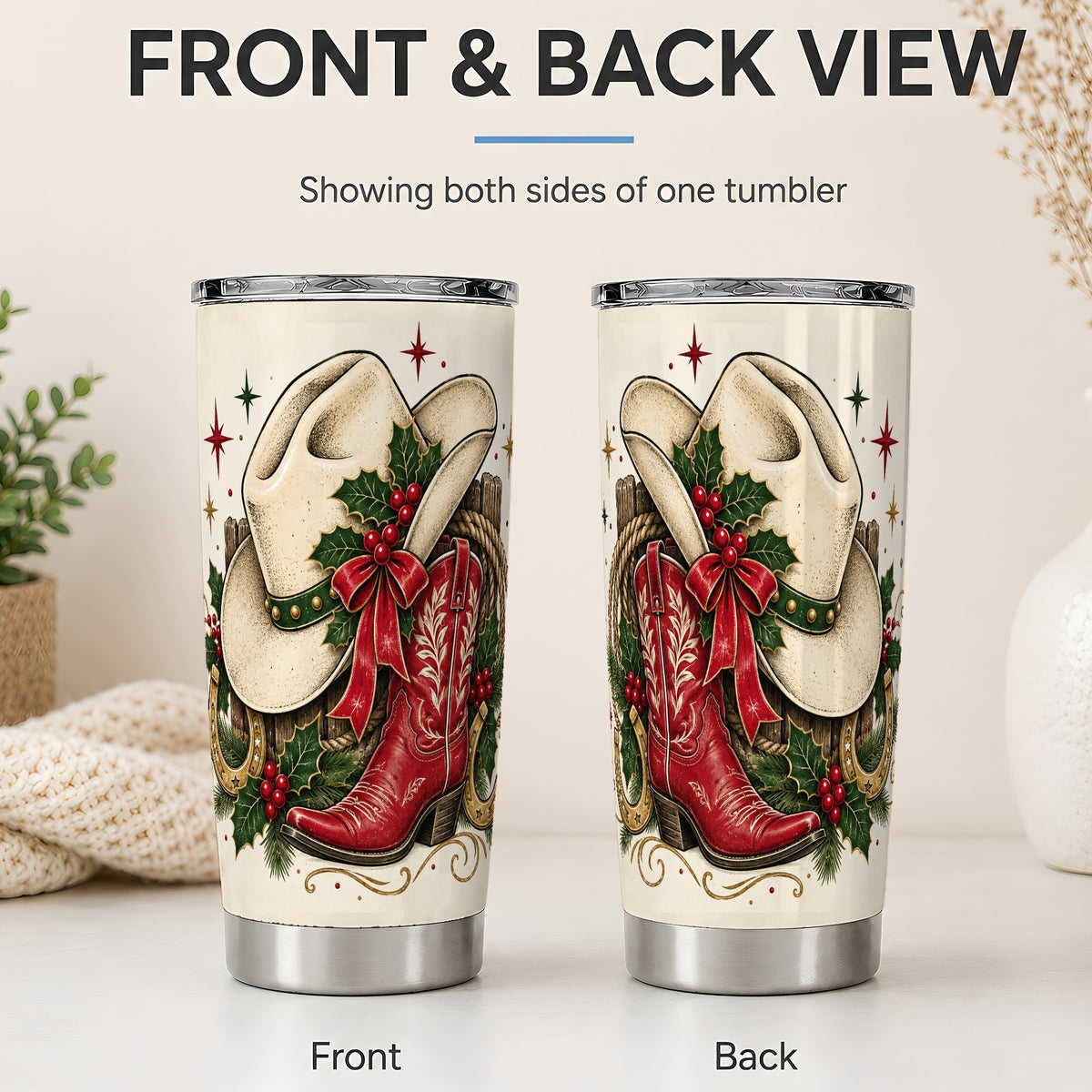 #pl[20oz|Steel] Western Christmas 20oz Tumbler, Cowboy Boot Holly Horseshoe Artwork