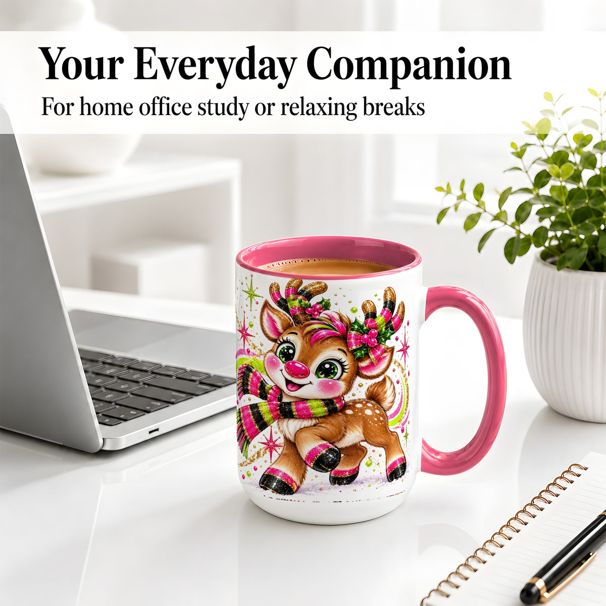 #pl[15oz|Pink] Festive Reindeer Ceramic Mug, Neon Christmas Character Artwork