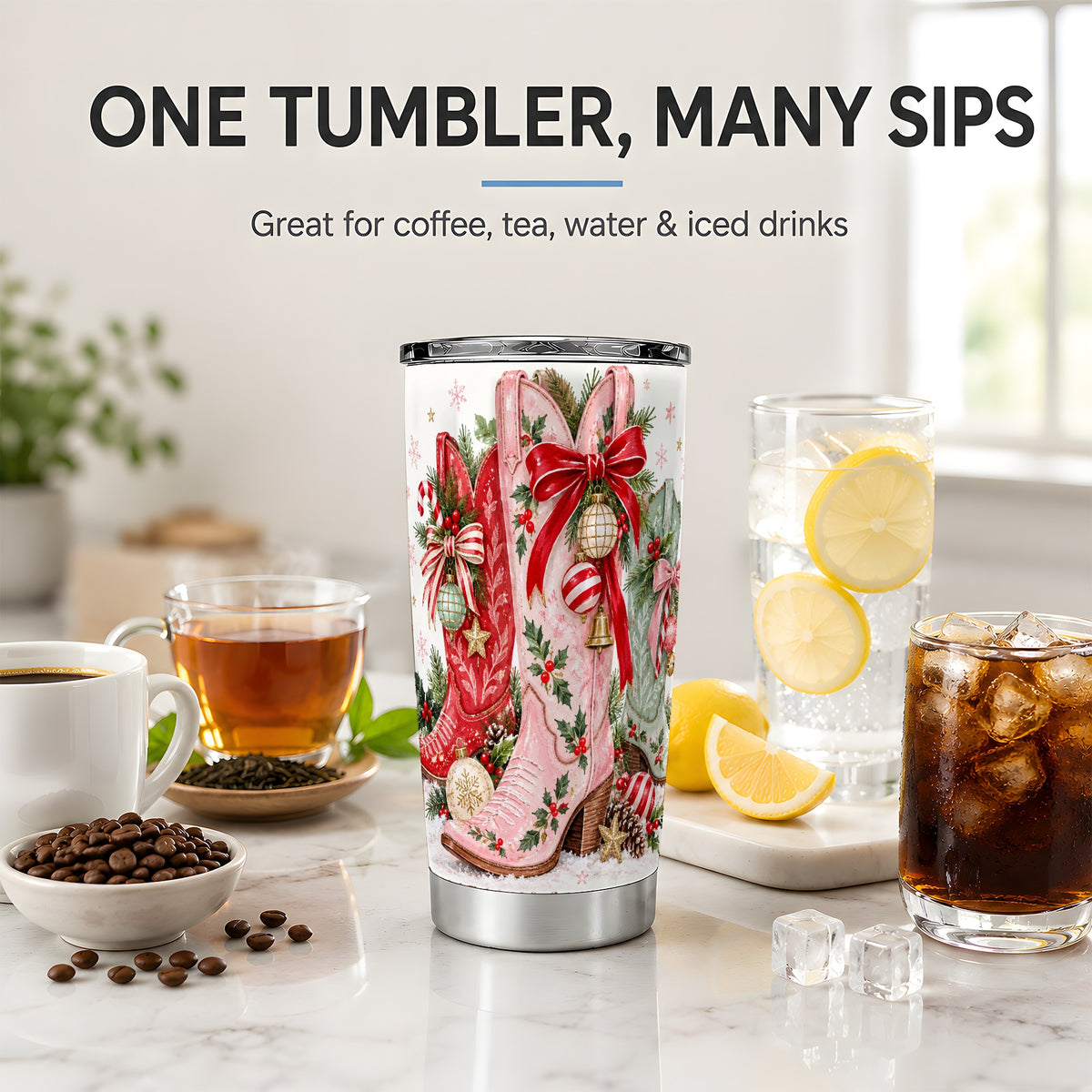 #pl[20oz|Steel] Christmas Cowboy Boots 20oz Tumbler, Pink Western Holiday Drinkware