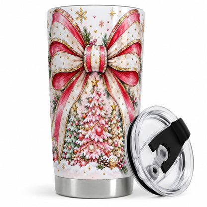 Pink Christmas Bow 20oz Tumbler, Decorated Tree Snowflake Artwork