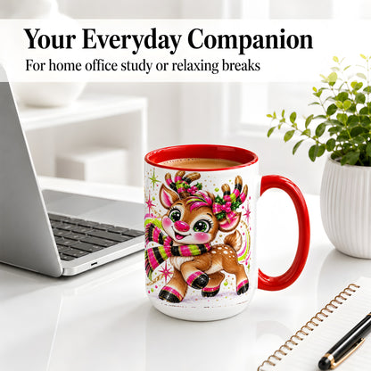 #pl[15oz|Red] Festive Reindeer Ceramic Mug, Neon Christmas Character Artwork