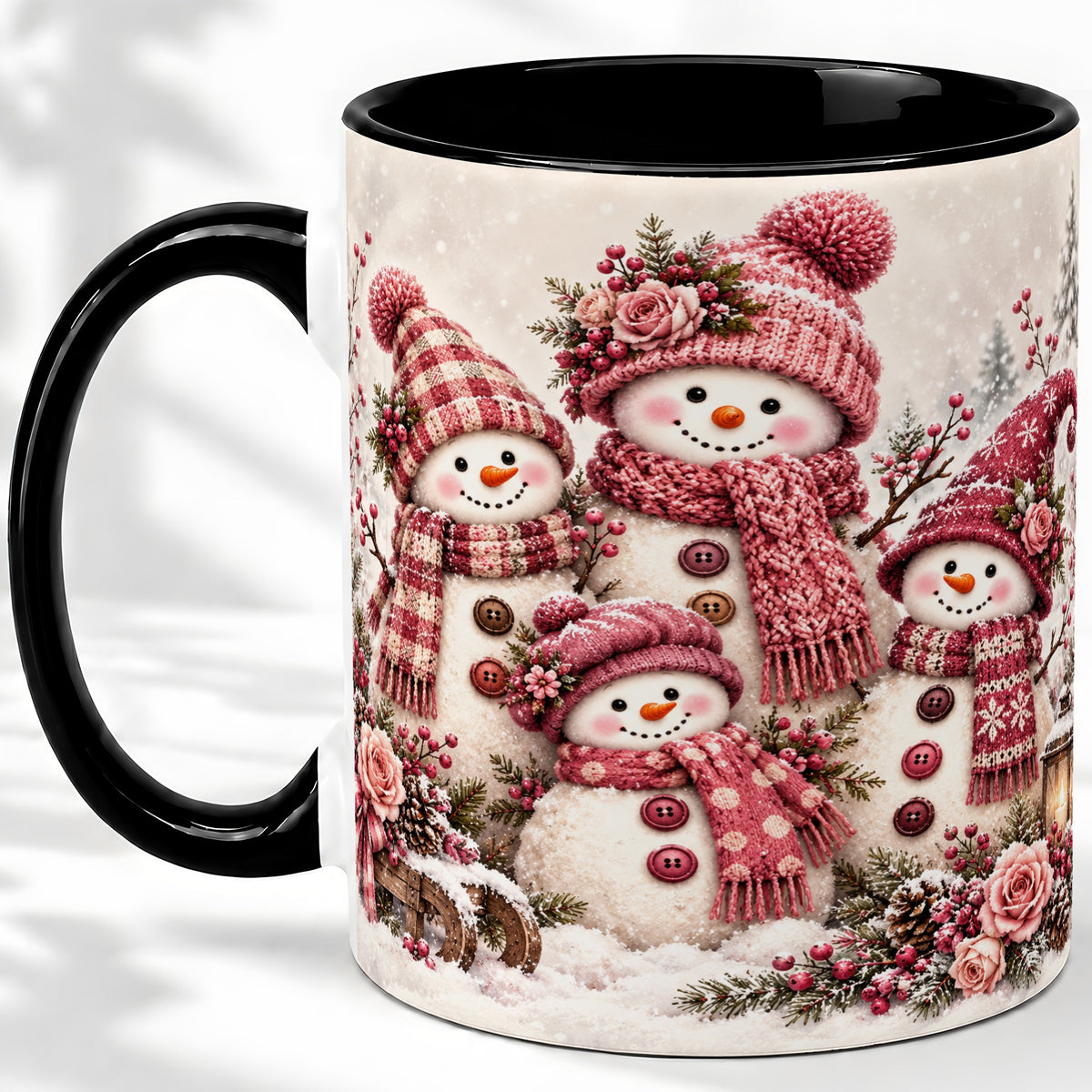 #pl[11oz|Black] Pink Snowman Family Ceramic Mug, Cozy Christmas Winter Artwork