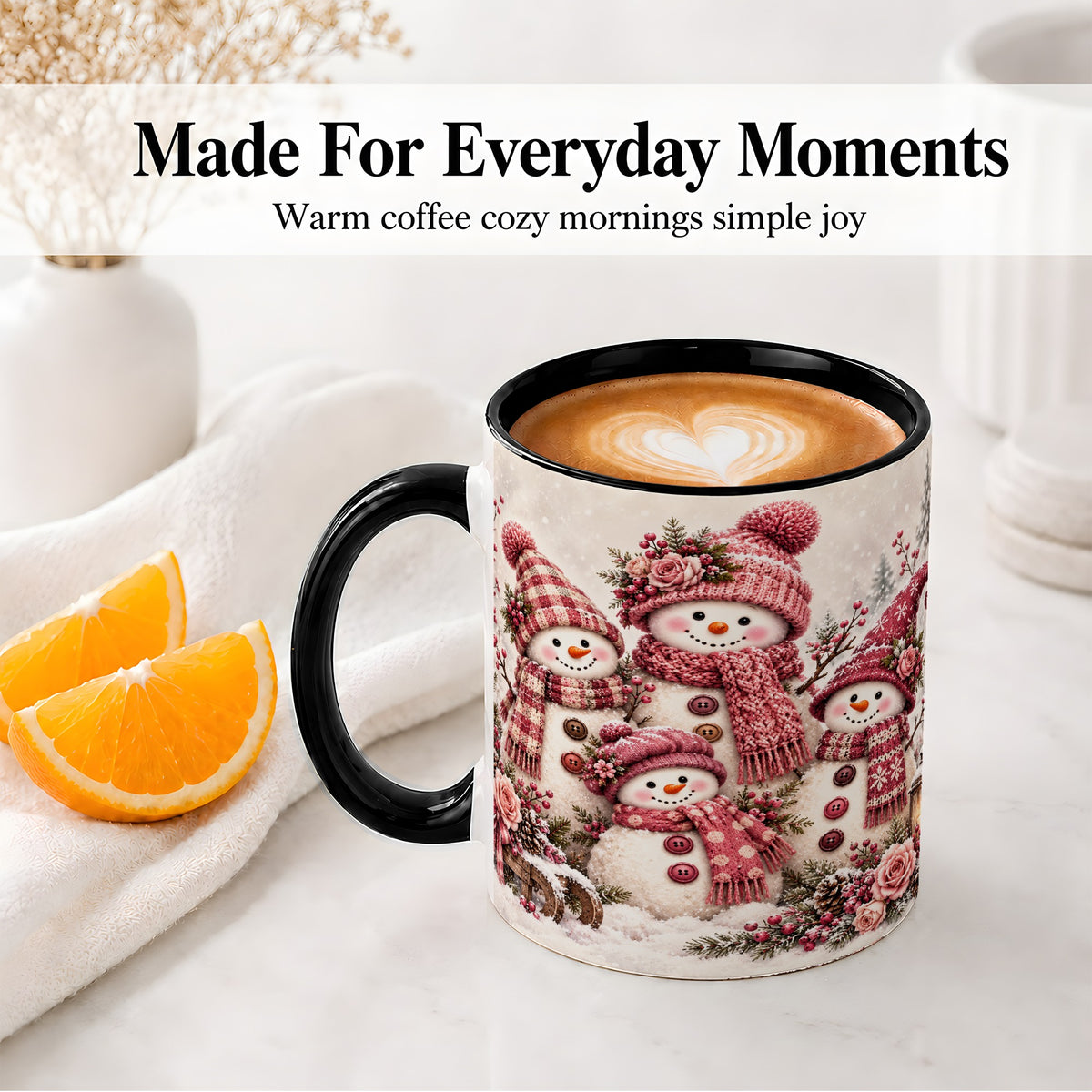 #pl[11oz|Black] Pink Snowman Family Ceramic Mug, Cozy Christmas Winter Artwork