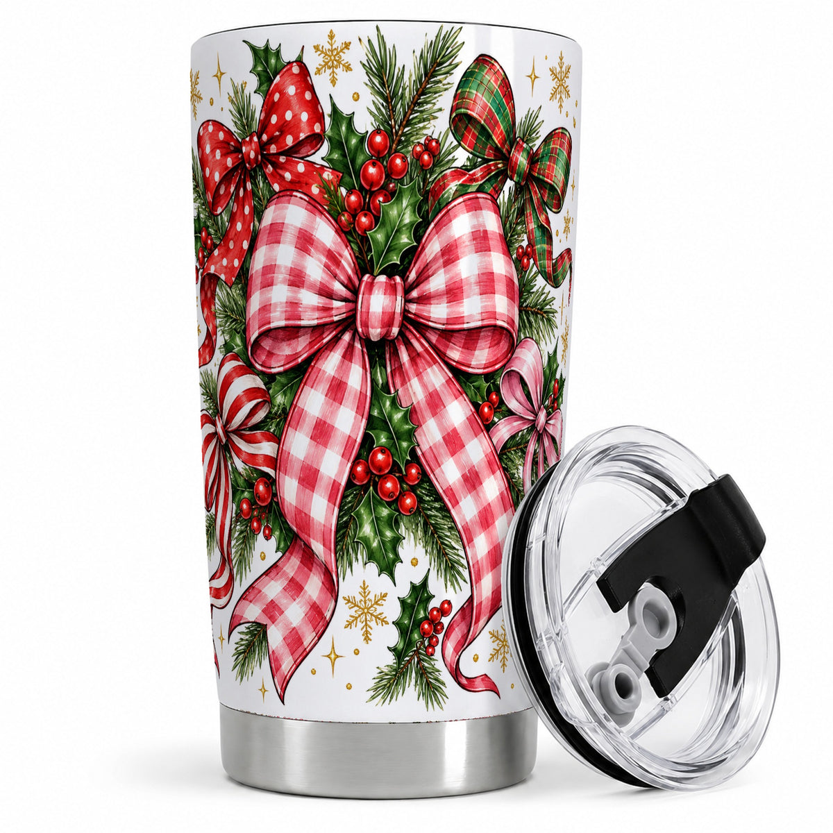 Christmas Bow Wreath 20oz Tumbler, Plaid Holly Pine Holiday Drinkware