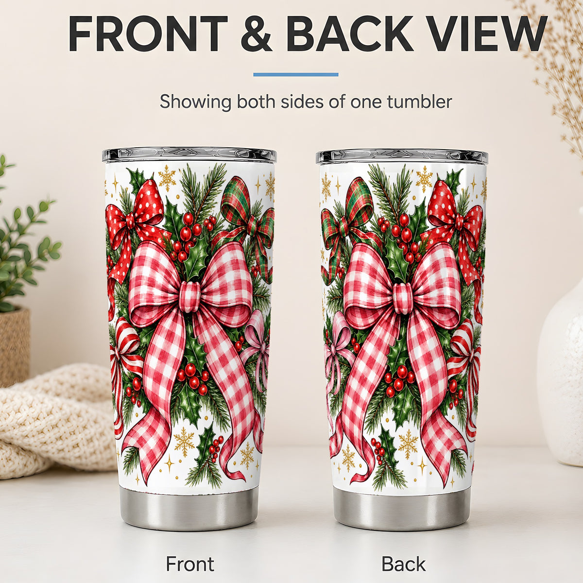 #pl[20oz|Steel] Christmas Bow Wreath 20oz Tumbler, Plaid Holly Pine Holiday Drinkware
