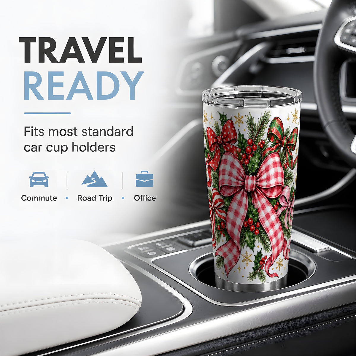 #pl[20oz|Steel] Christmas Bow Wreath 20oz Tumbler, Plaid Holly Pine Holiday Drinkware