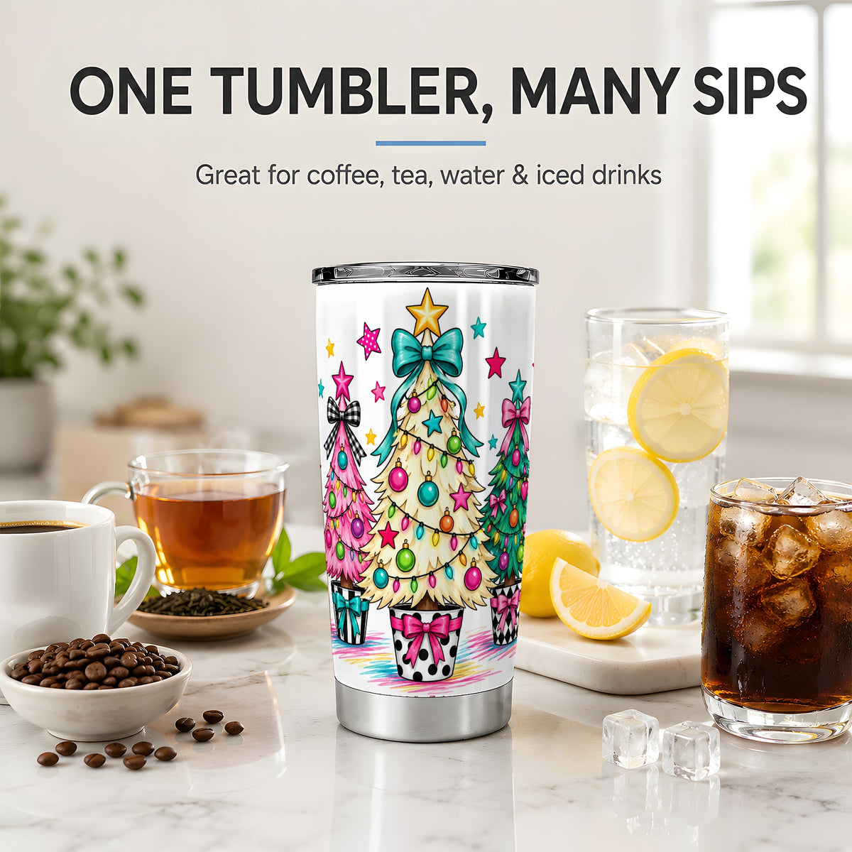 #pl[20oz|Steel] Colorful Christmas Trees 20oz Tumbler, Bright Bow Holiday Drinkware
