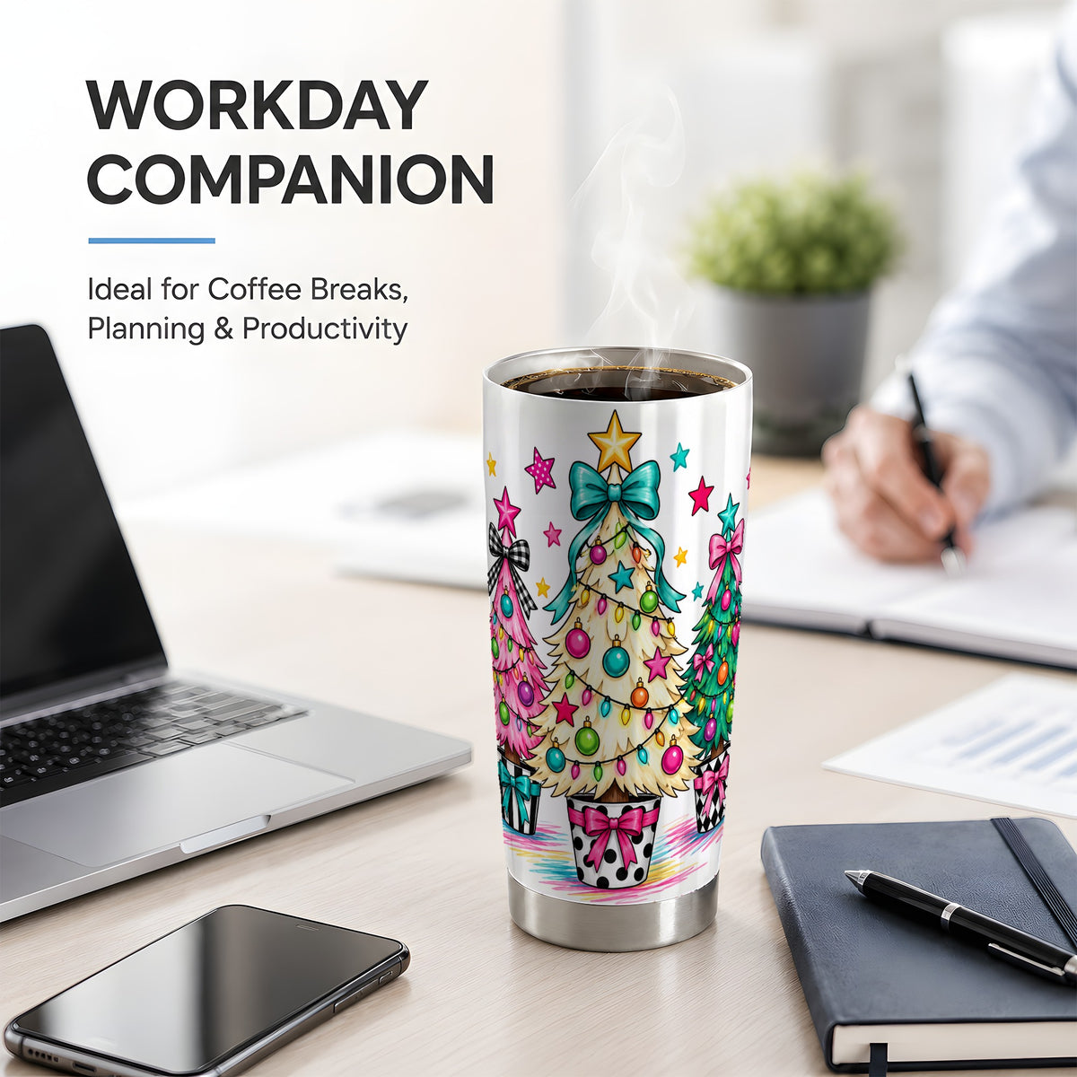 #pl[20oz|Steel] Colorful Christmas Trees 20oz Tumbler, Bright Bow Holiday Drinkware