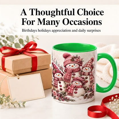 #pl[11oz|Green] Pink Snowman Family Ceramic Mug, Cozy Christmas Winter Artwork