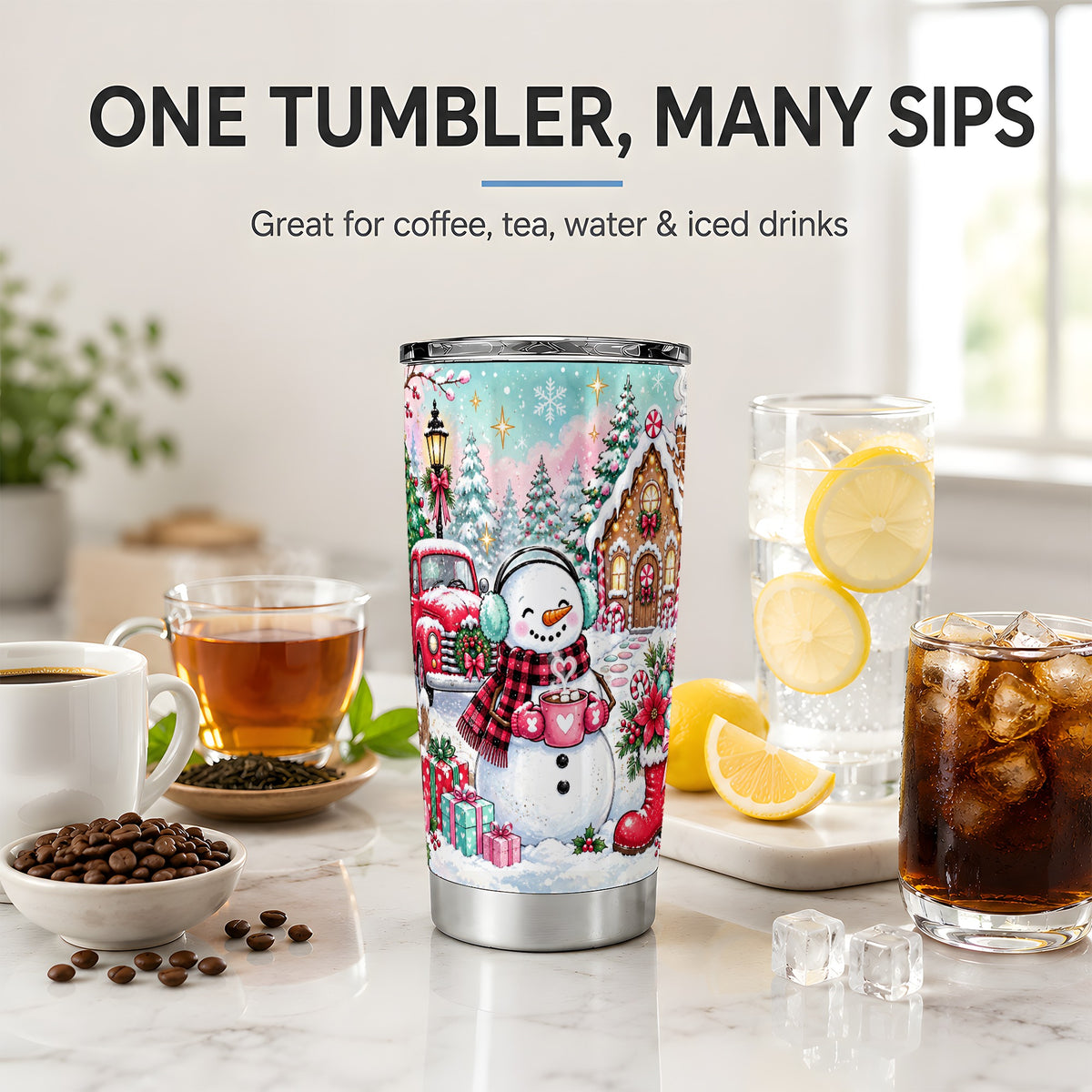 #pl[20oz|Steel] Christmas Snowman 20oz Tumbler, Gingerbread Winter Holiday Drinkware