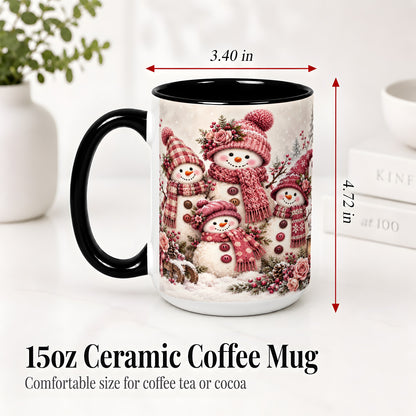 #pl[15oz|Black] Pink Snowman Family Ceramic Mug, Cozy Christmas Winter Artwork