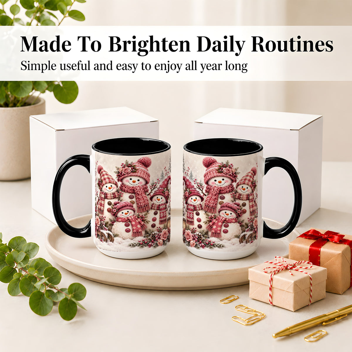 #pl[15oz|Black] Pink Snowman Family Ceramic Mug, Cozy Christmas Winter Artwork