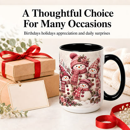 #pl[15oz|Black] Pink Snowman Family Ceramic Mug, Cozy Christmas Winter Artwork