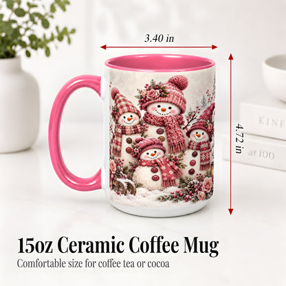#pl[15oz|Pink] Pink Snowman Family Ceramic Mug, Cozy Christmas Winter Artwork