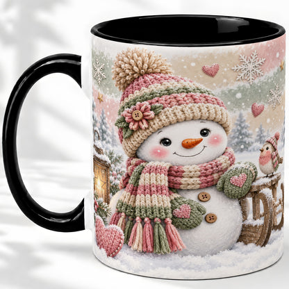 #pl[11oz|Black] Cozy Pink Snowman Ceramic Mug, Winter Bird Sled and Lantern Artwork