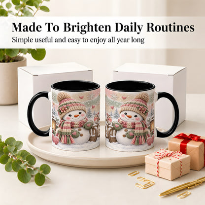 #pl[11oz|Black] Cozy Pink Snowman Ceramic Mug, Winter Bird Sled and Lantern Artwork