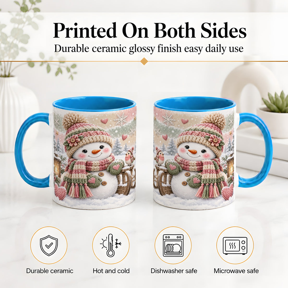 #pl[11oz|Blue] Cozy Pink Snowman Ceramic Mug, Winter Bird Sled and Lantern Artwork