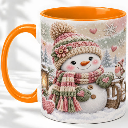 #pl[11oz|Orange] Cozy Pink Snowman Ceramic Mug, Winter Bird Sled and Lantern Artwork