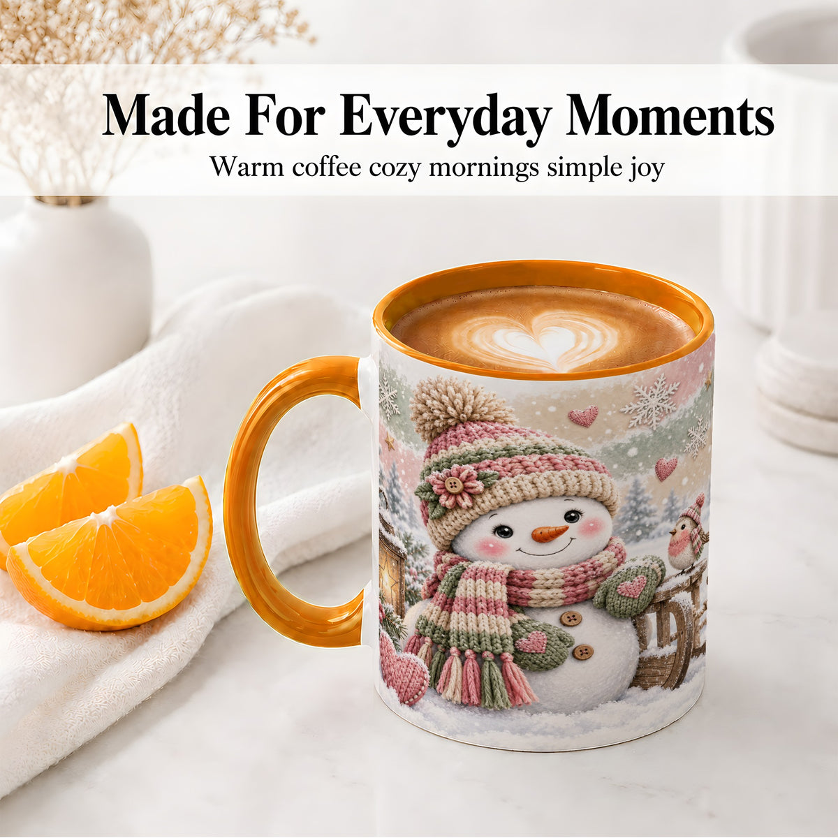 #pl[11oz|Orange] Cozy Pink Snowman Ceramic Mug, Winter Bird Sled and Lantern Artwork