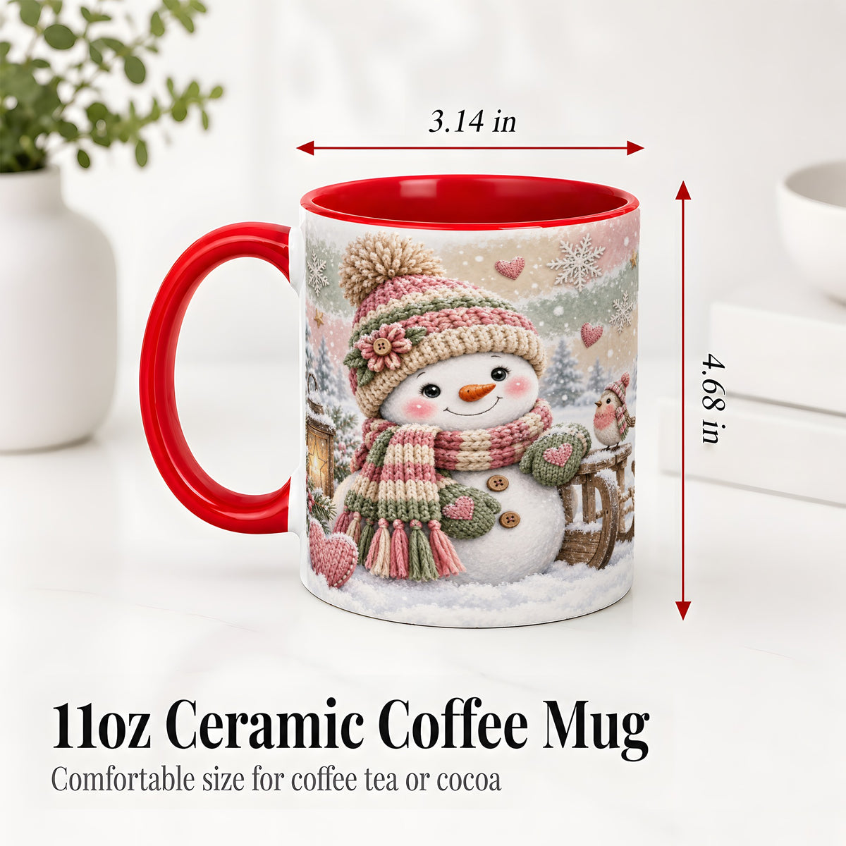 #pl[11oz|Red] Cozy Pink Snowman Ceramic Mug, Winter Bird Sled and Lantern Artwork