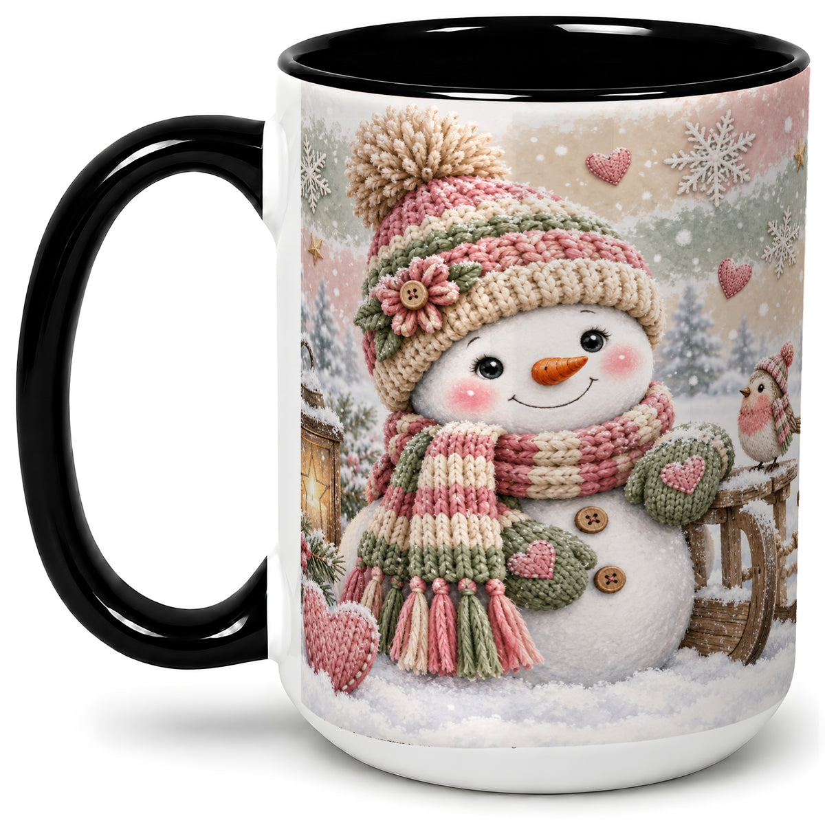 #pl[15oz|Black] Cozy Pink Snowman Ceramic Mug, Winter Bird Sled and Lantern Artwork