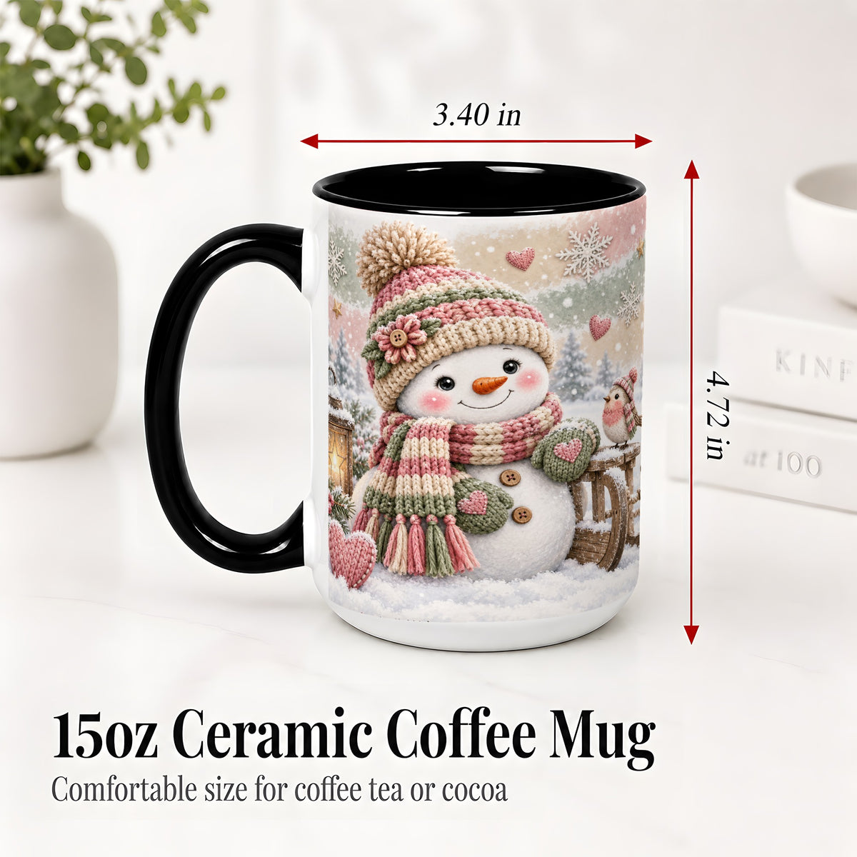 #pl[15oz|Black] Cozy Pink Snowman Ceramic Mug, Winter Bird Sled and Lantern Artwork