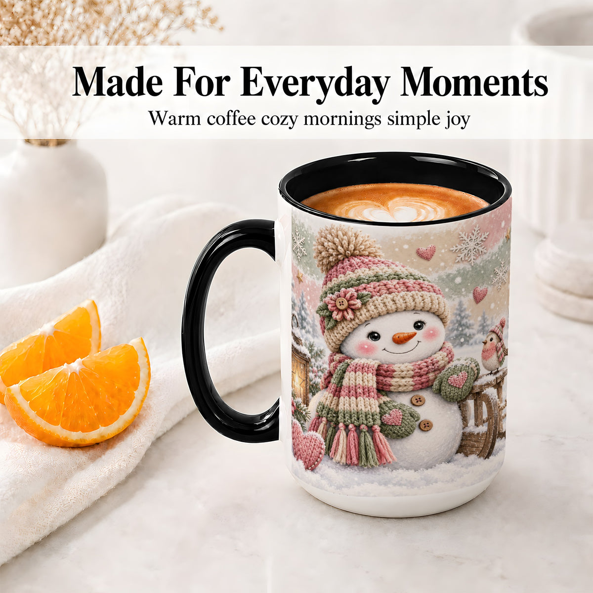 #pl[15oz|Black] Cozy Pink Snowman Ceramic Mug, Winter Bird Sled and Lantern Artwork