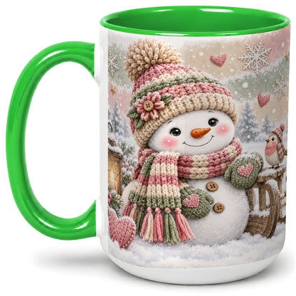 #pl[15oz|Green] Cozy Pink Snowman Ceramic Mug, Winter Bird Sled and Lantern Artwork