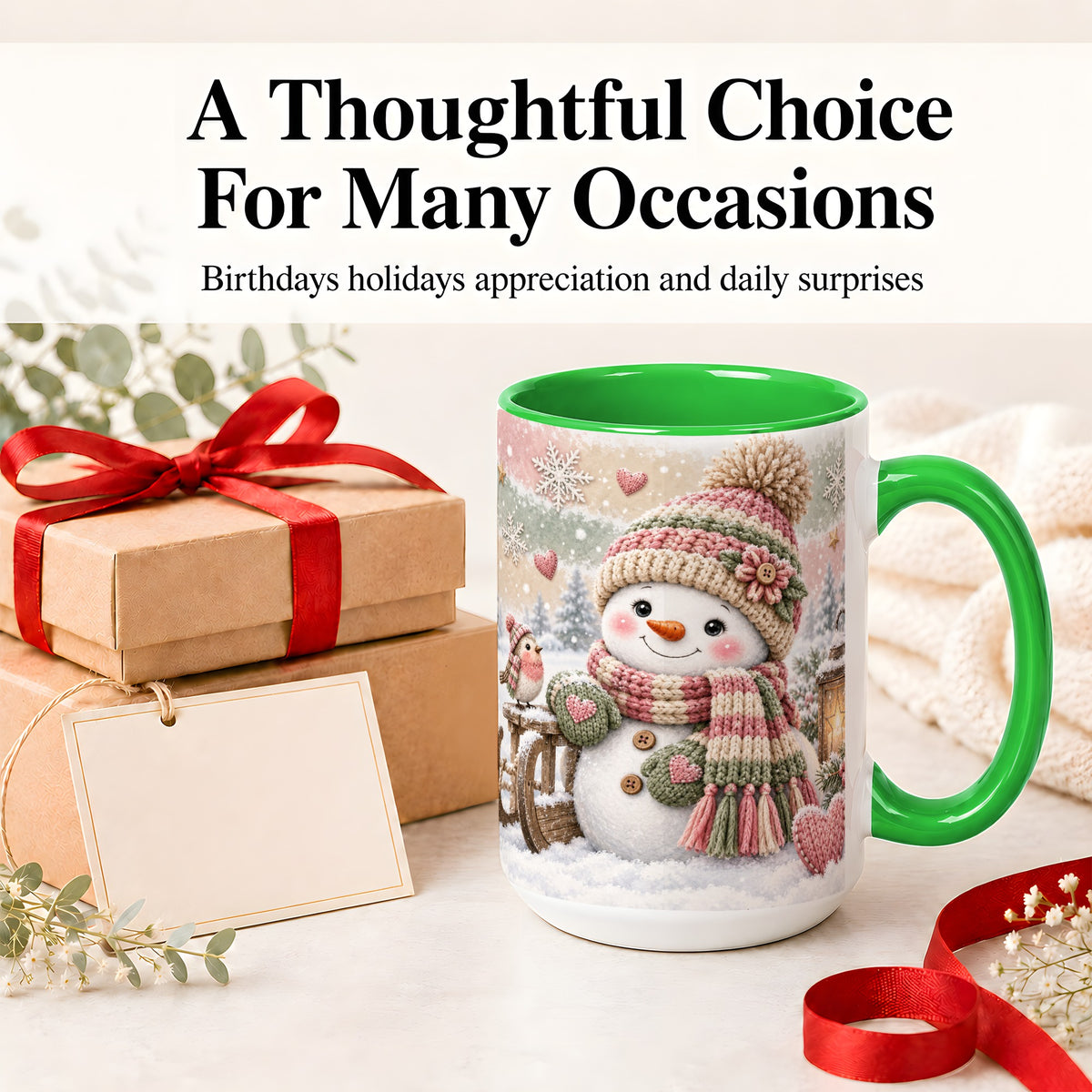 #pl[15oz|Green] Cozy Pink Snowman Ceramic Mug, Winter Bird Sled and Lantern Artwork