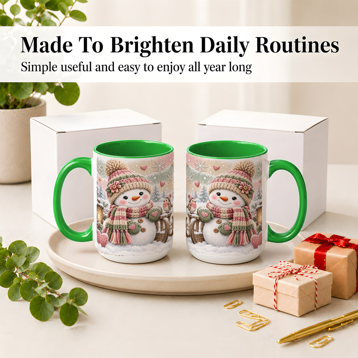 #pl[15oz|Green] Cozy Pink Snowman Ceramic Mug, Winter Bird Sled and Lantern Artwork