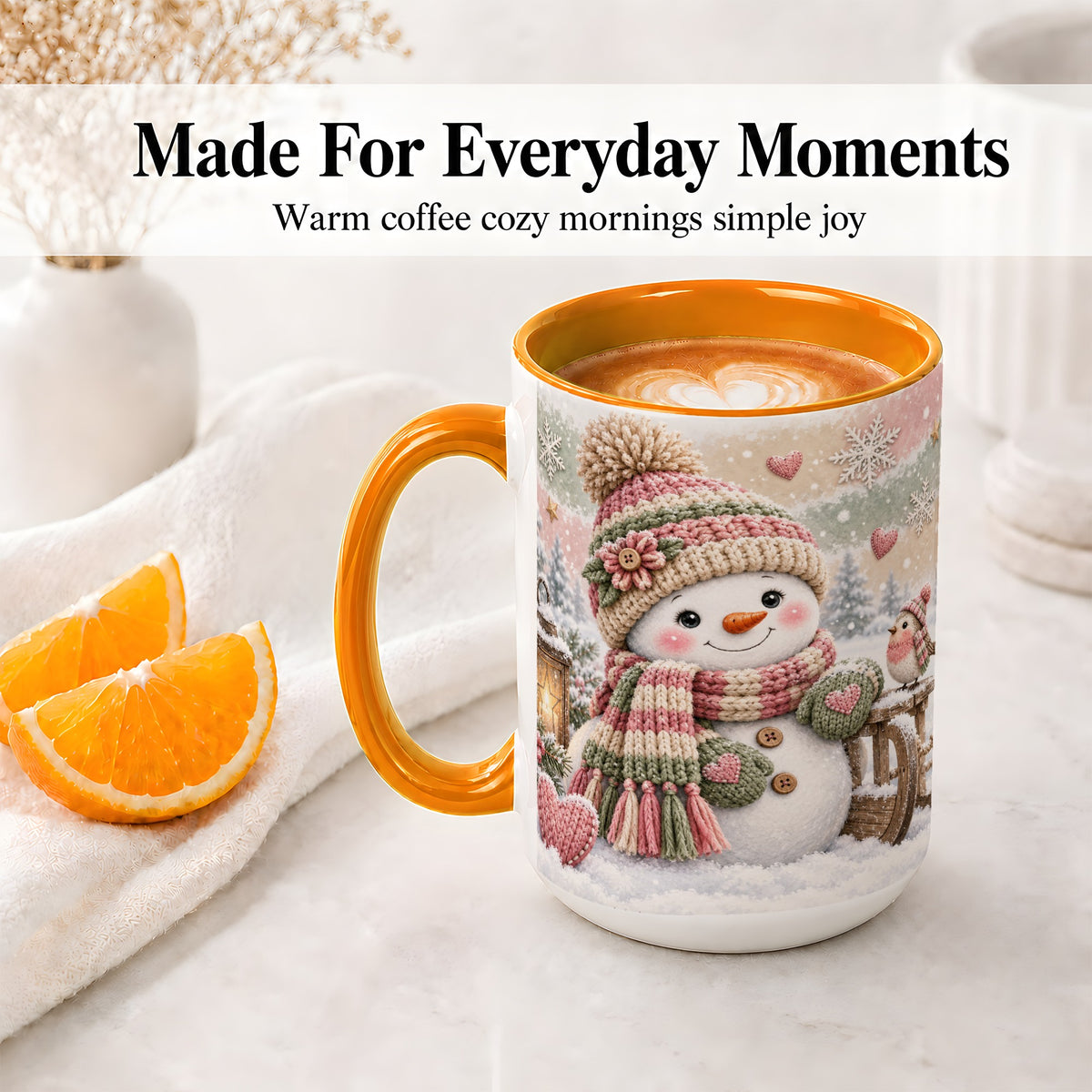 #pl[15oz|Orange] Cozy Pink Snowman Ceramic Mug, Winter Bird Sled and Lantern Artwork