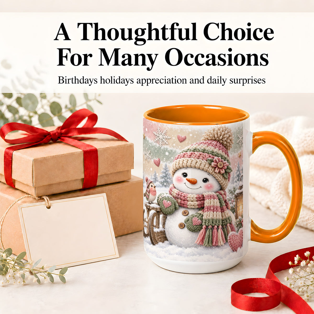 #pl[15oz|Orange] Cozy Pink Snowman Ceramic Mug, Winter Bird Sled and Lantern Artwork