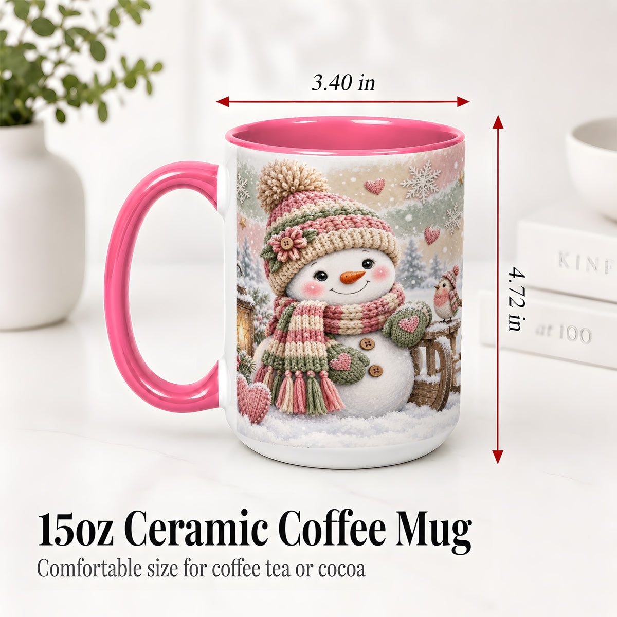 #pl[15oz|Pink] Cozy Pink Snowman Ceramic Mug, Winter Bird Sled and Lantern Artwork