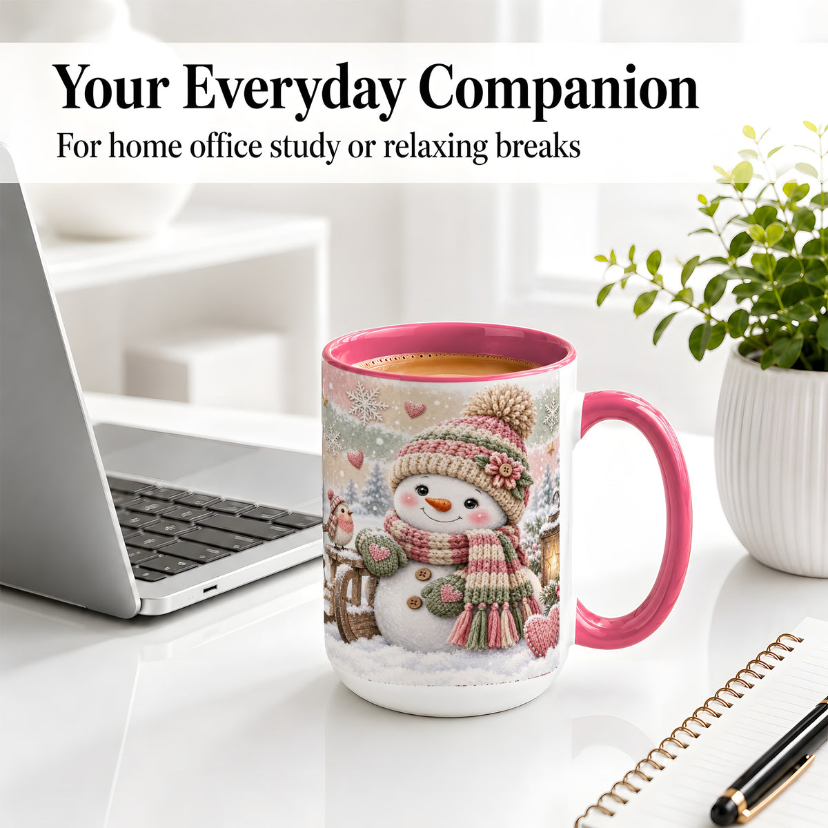 #pl[15oz|Pink] Cozy Pink Snowman Ceramic Mug, Winter Bird Sled and Lantern Artwork