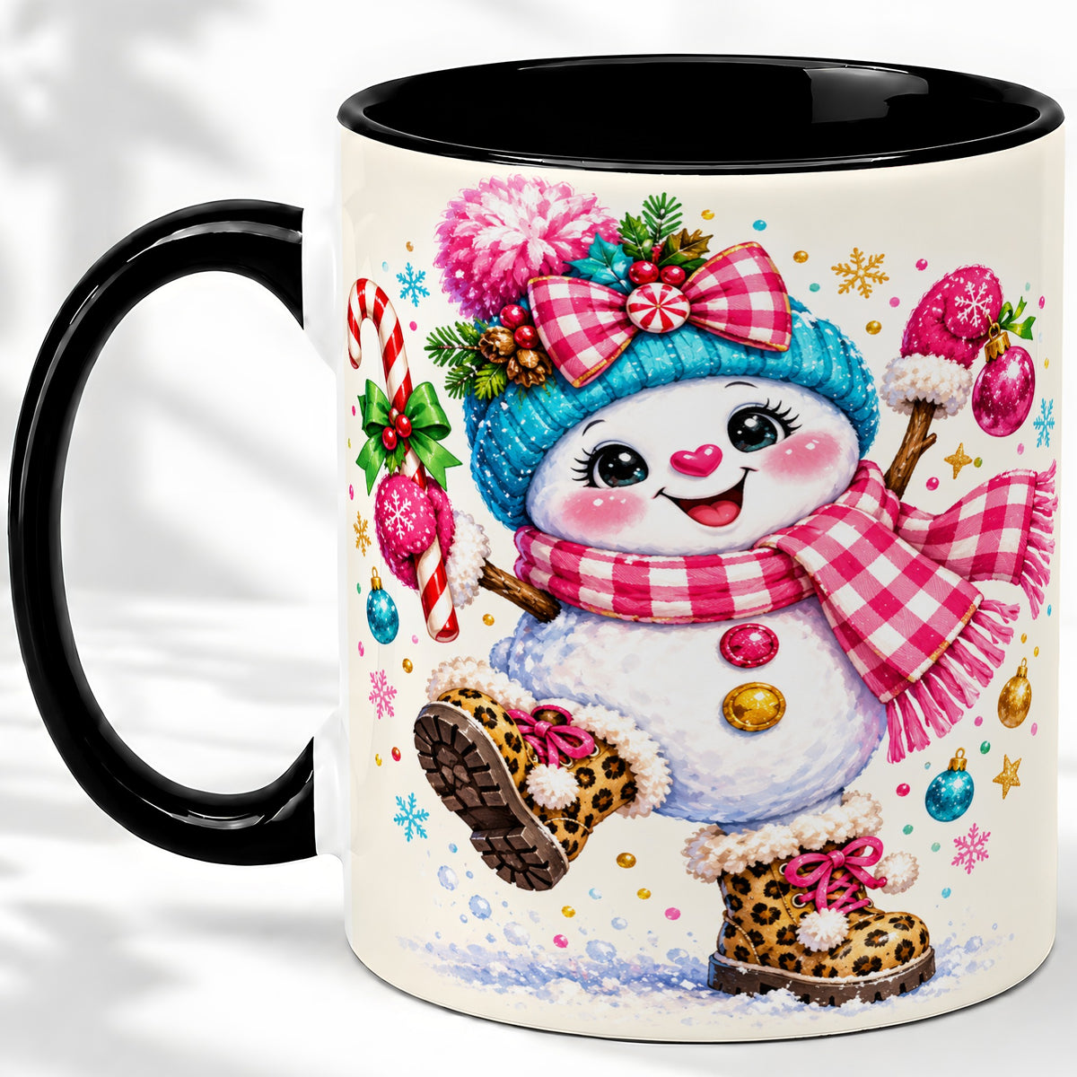 #pl[11oz|Black] Playful Snowman Ceramic Mug, Pink Plaid Christmas Character Art