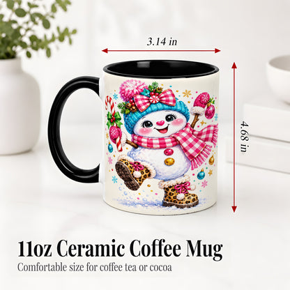 #pl[11oz|Black] Playful Snowman Ceramic Mug, Pink Plaid Christmas Character Art