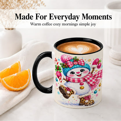 #pl[11oz|Black] Playful Snowman Ceramic Mug, Pink Plaid Christmas Character Art