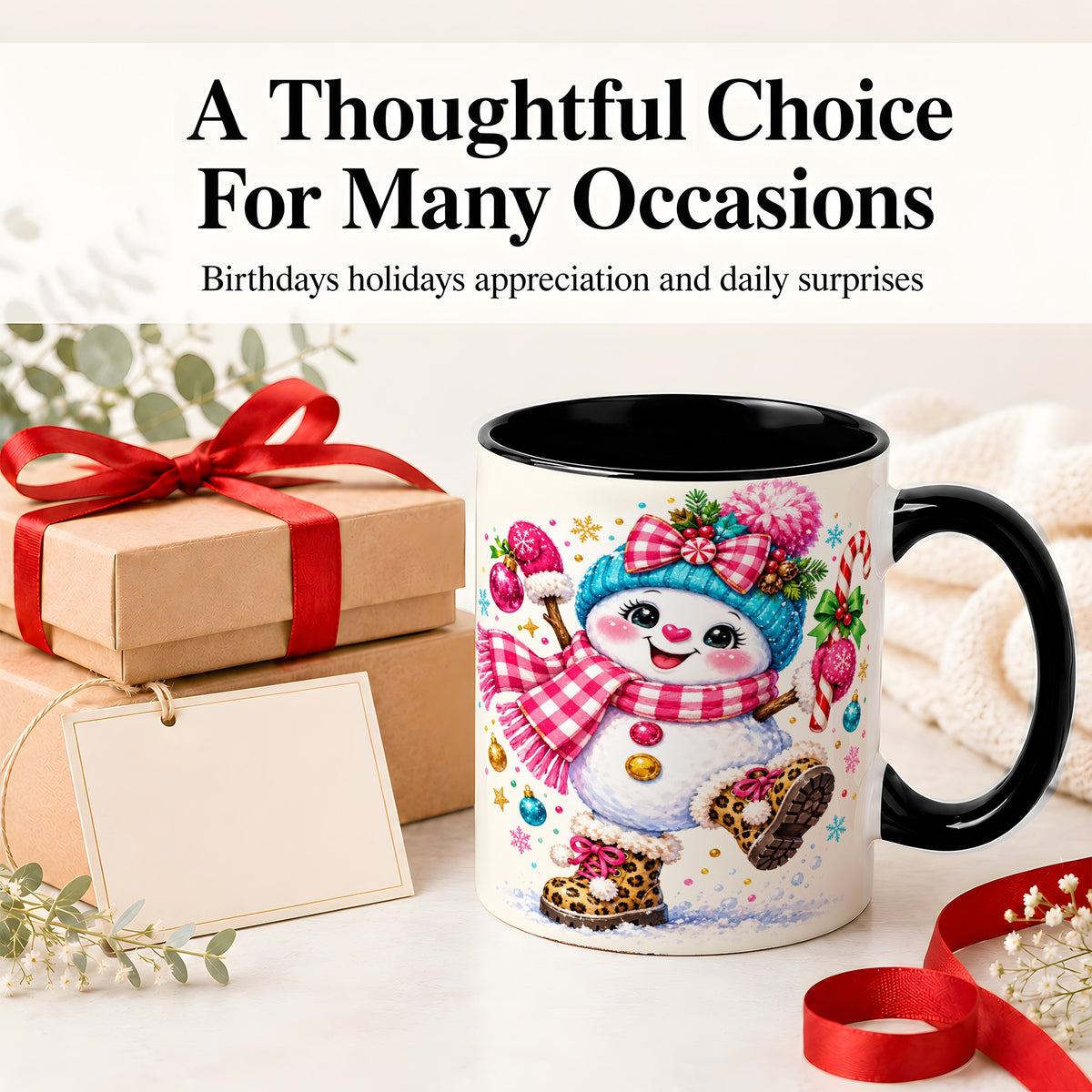 #pl[11oz|Black] Playful Snowman Ceramic Mug, Pink Plaid Christmas Character Art