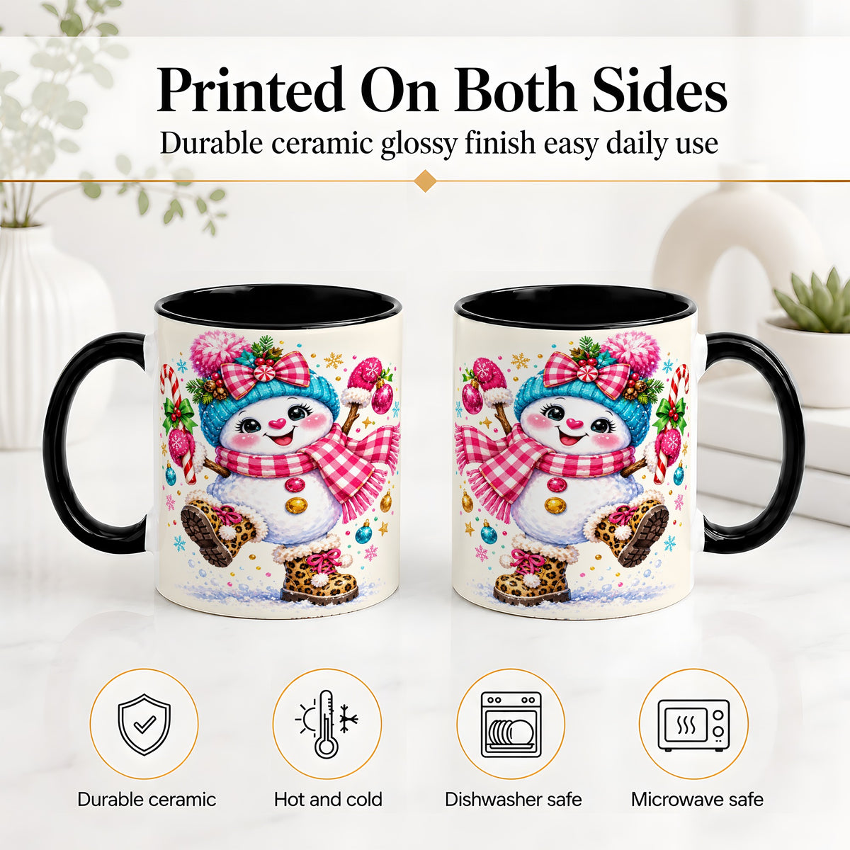 #pl[11oz|Black] Playful Snowman Ceramic Mug, Pink Plaid Christmas Character Art