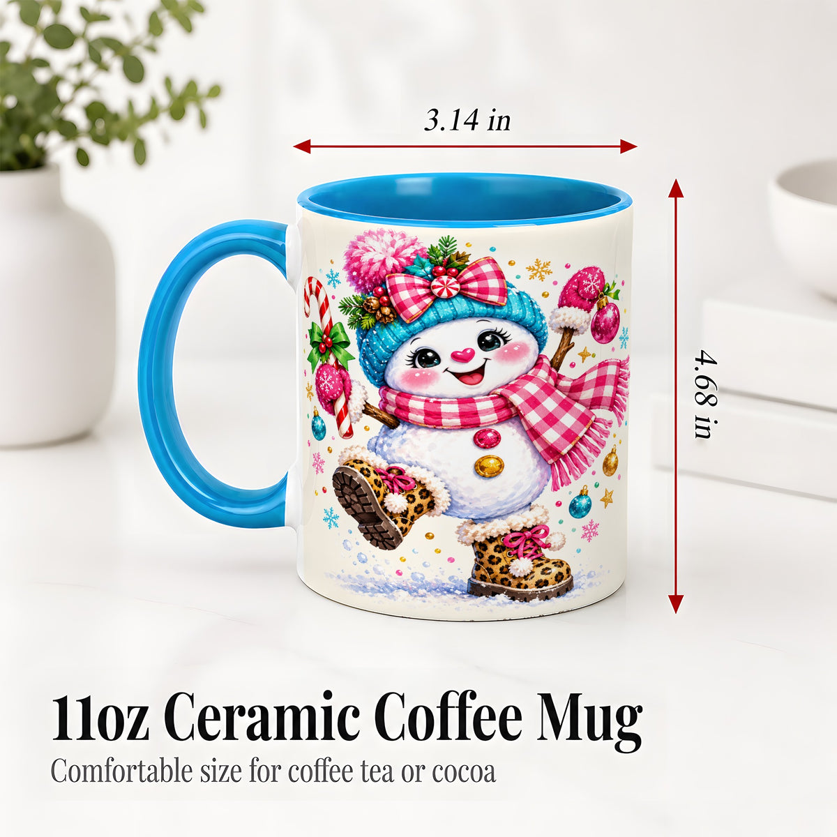 #pl[11oz|Blue] Playful Snowman Ceramic Mug, Pink Plaid Christmas Character Art